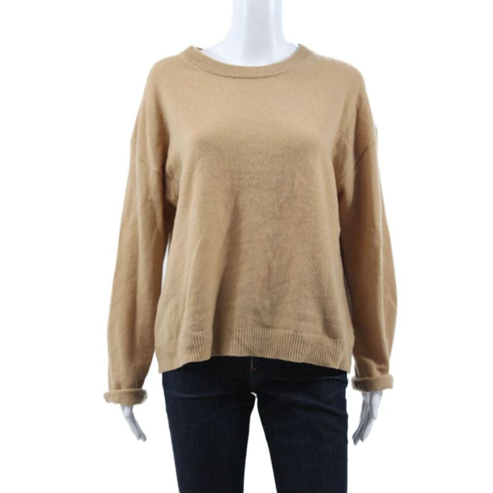 Velvet Women Pullover Sweater 100% Cashmere Crew Neck Long Sleeve Beige Size L
